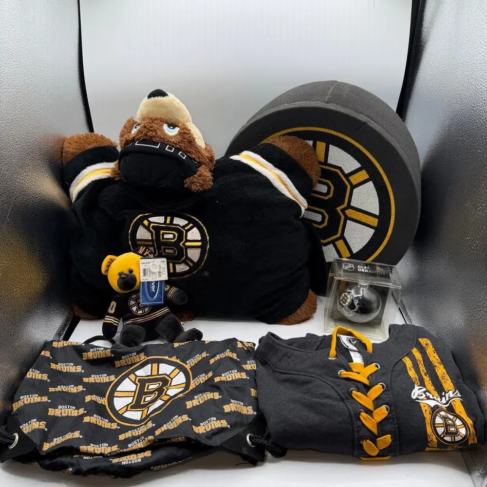 Boston Bruins Fan Merchandise Bundle-Youth Hoodie, Pillow Pet,Foam Puck Hat Lot⁠
